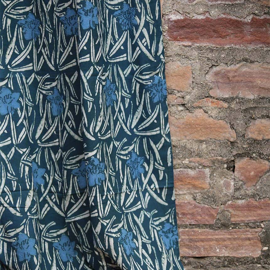 Floral Block Print Curtain, Blue Window Panel — Daphne by Ichcha
