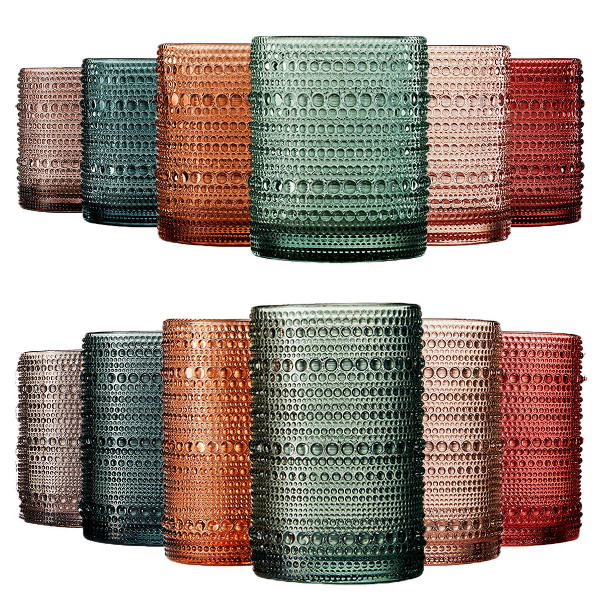 12 Hobnail Drinking Glasses Pastel Colored Beaded Set by The Wine Savant / Khen Glassware