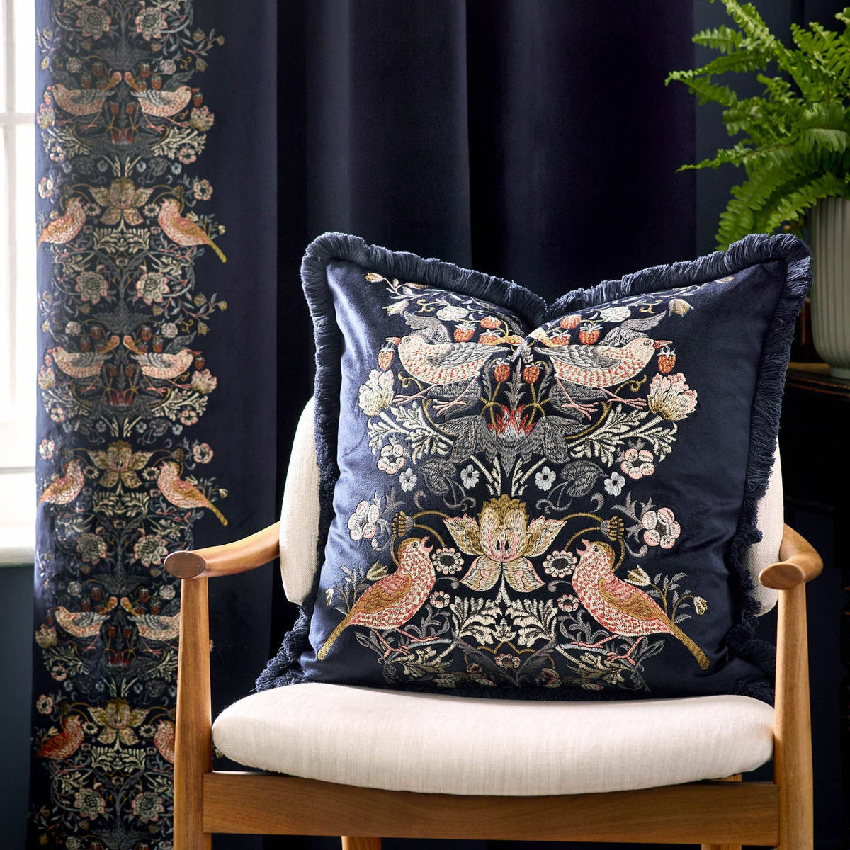 Strawberry Thief Embroidered Velvet Cushion Indigo by Riva Home