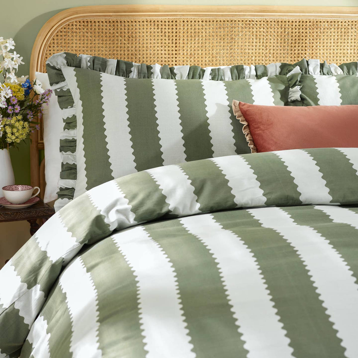 Birdie Stripe Ruffle Duvet Cover Set Bay Green/Mist by Riva Home — view 3