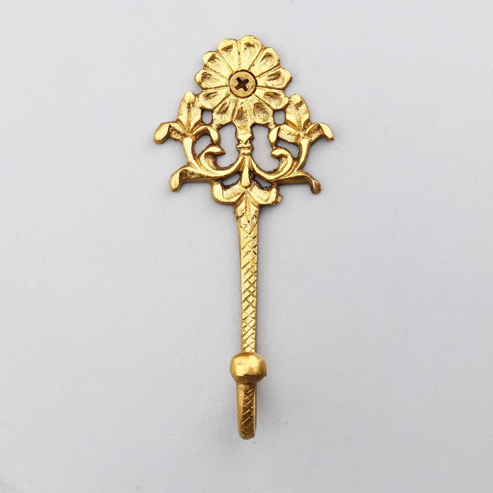 1 Piece Brass Floral Decorative Wall Hooks Golden by Daana Paani LLC — view 2