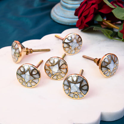 Set of Six Brass Mother of Pearl Knobs by Perilla Home