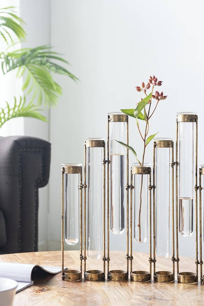 17.5x2x14" Glass Vial Flower Vase with Bronze Iron Frame by A&B Home Group Inc. — view 7
