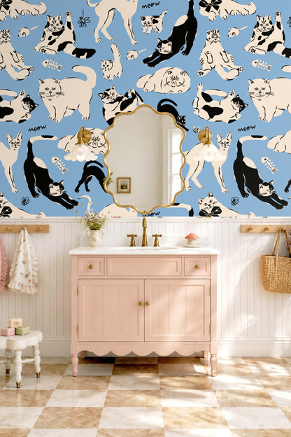 Illustrated cat with black spotting stretching on blue background