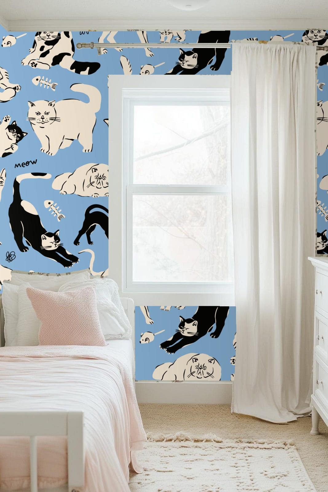 Cat wallpaper seen in corner of room with blue cabinetry