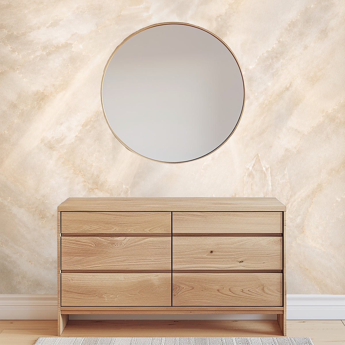 Bedroom crop with a mustard velvet headboard framing the mural’s pale gold veining and diffused light.