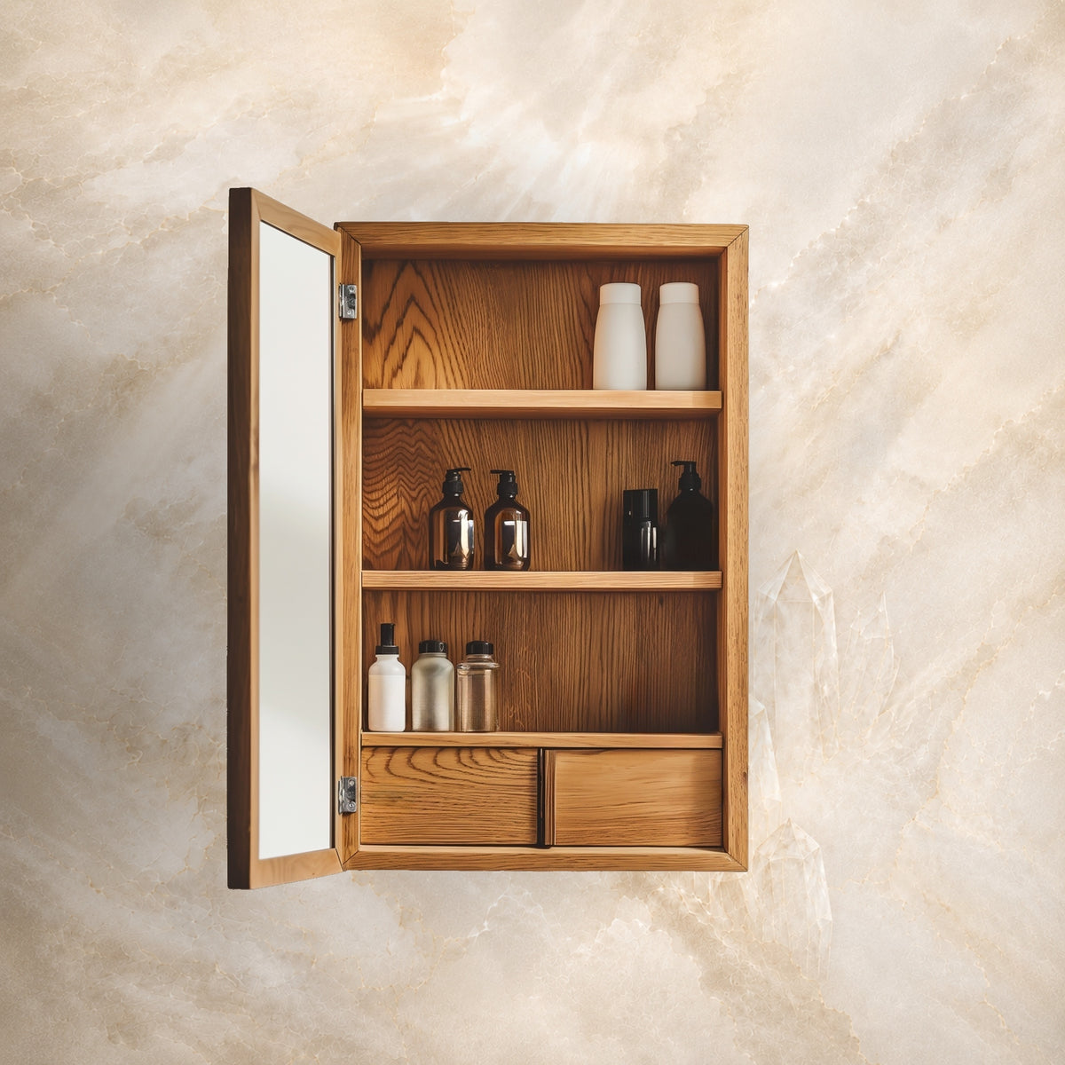 Wide shot of a dresser and wall showing the mural’s soft tonal bands, gentle marbling and diffused sunrays.