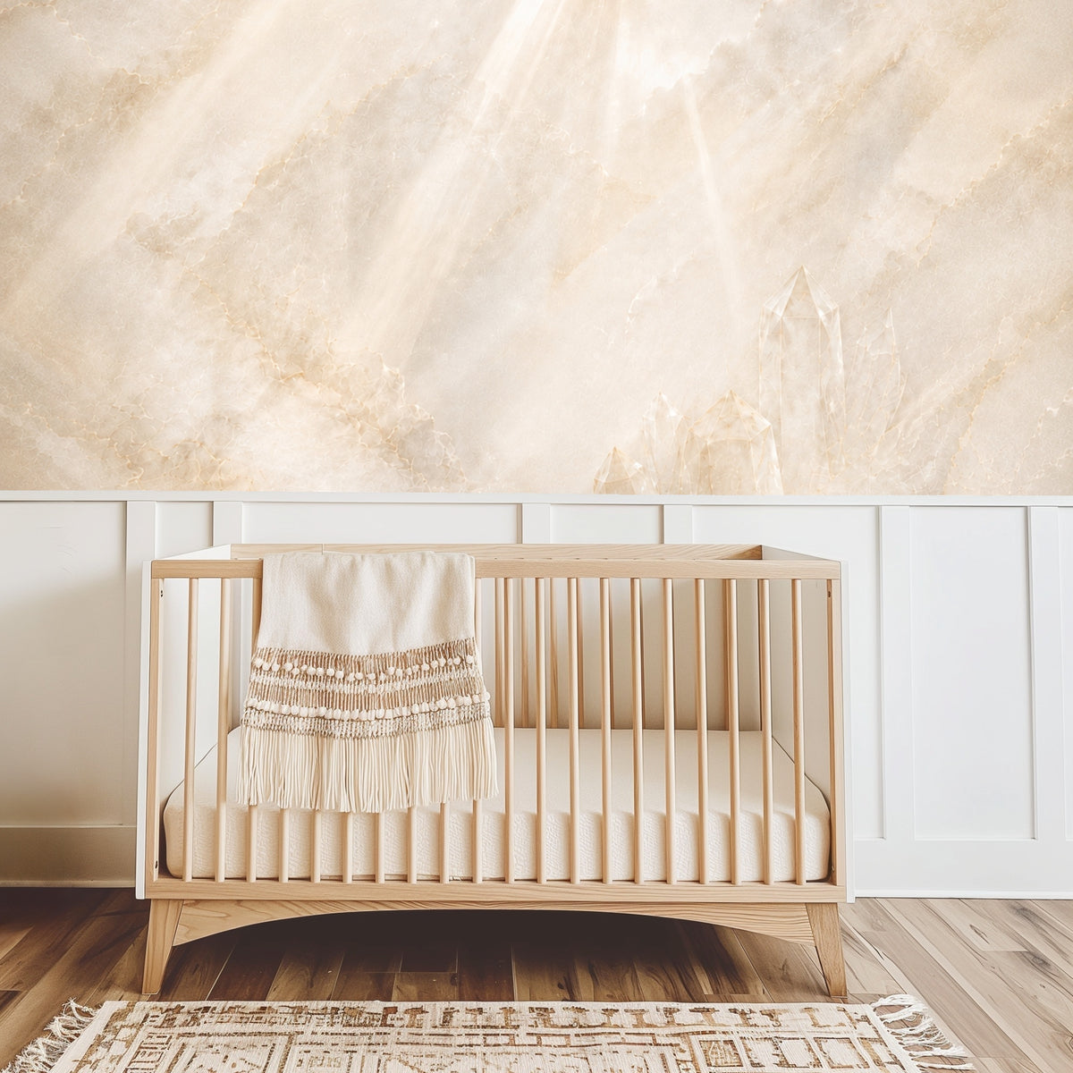 Nursery scene with a wooden crib placed in front of the mural; the crystalline cluster anchors the composition near floor level.