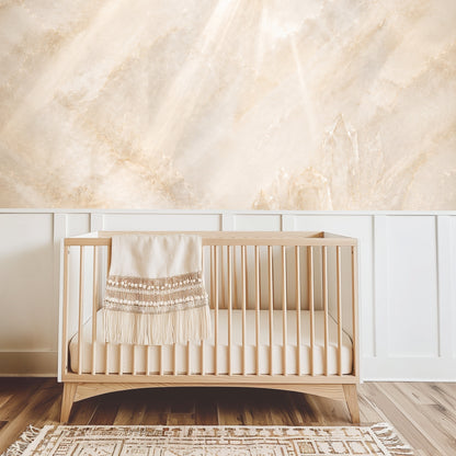 Nursery scene with a wooden crib placed in front of the mural; the crystalline cluster anchors the composition near floor level.