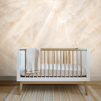 Close-up detail of the wallpaper showing pearlescent highlights, watercolor-like washes and subtle gold outlines.