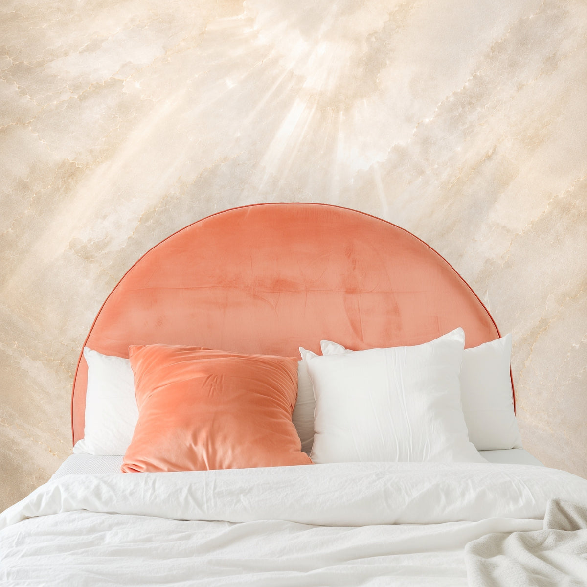 Full square artwork showing a warm cream and champagne mural with soft veining, sunbeam rays and a cluster of translucent crystals at lower‑