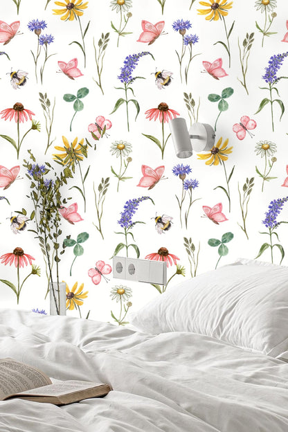 Watercolor wallpaper with pink butterflies, bees, and wildflowers on white background.