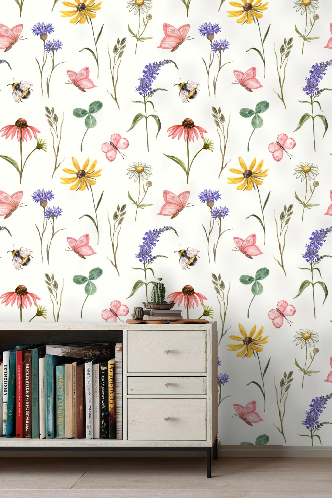 Wallpaper showcasing a mix of yellow, pink, blue flowers with bumblebees and butterflies.
