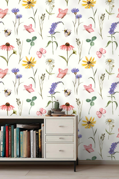 Wallpaper showcasing a mix of yellow, pink, blue flowers with bumblebees and butterflies.