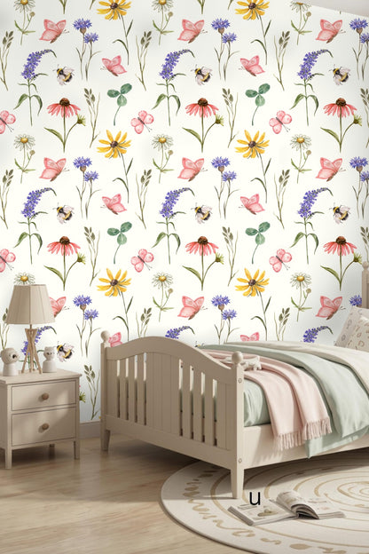 Close-up of detailed watercolor black-eyed Susans and daisies in the wallpaper design.