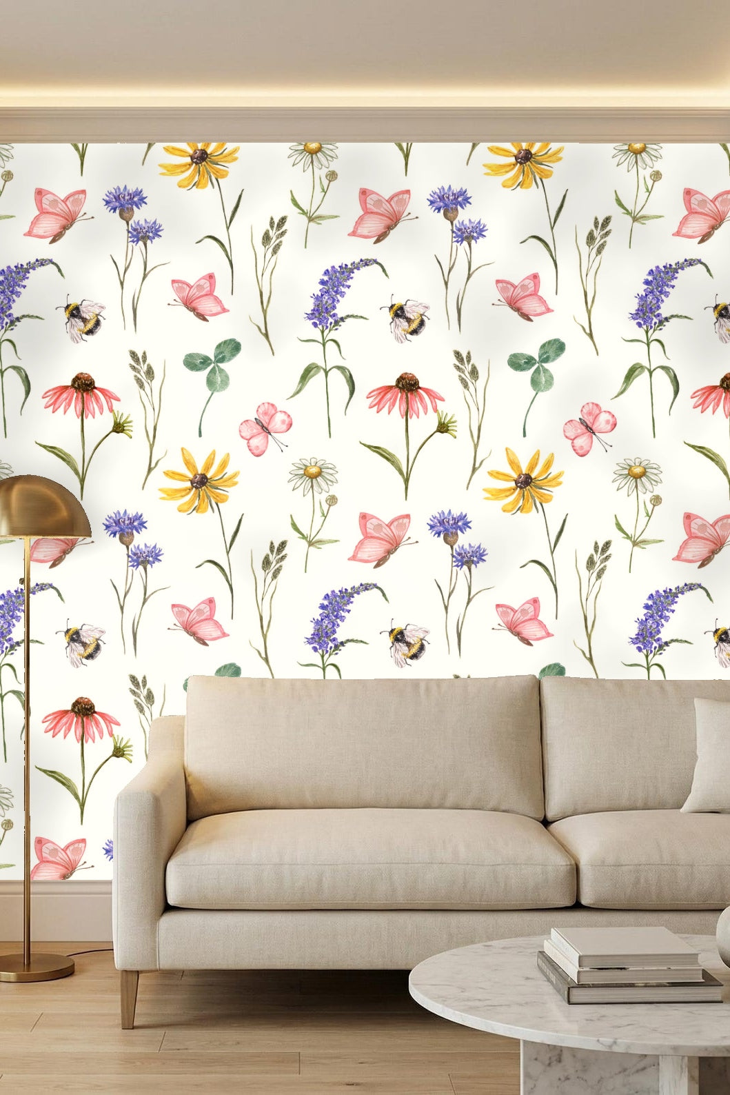 Kitchen wall showing wallpaper pattern of delicate wildflowers and insects alongside blue cabinet.