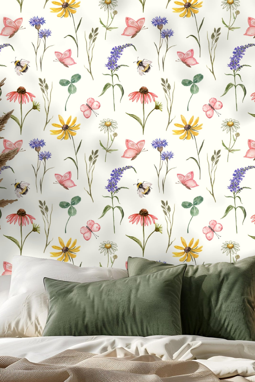 Light-filled room showing small-scale floral and insect wallpaper blending with pastel décor.