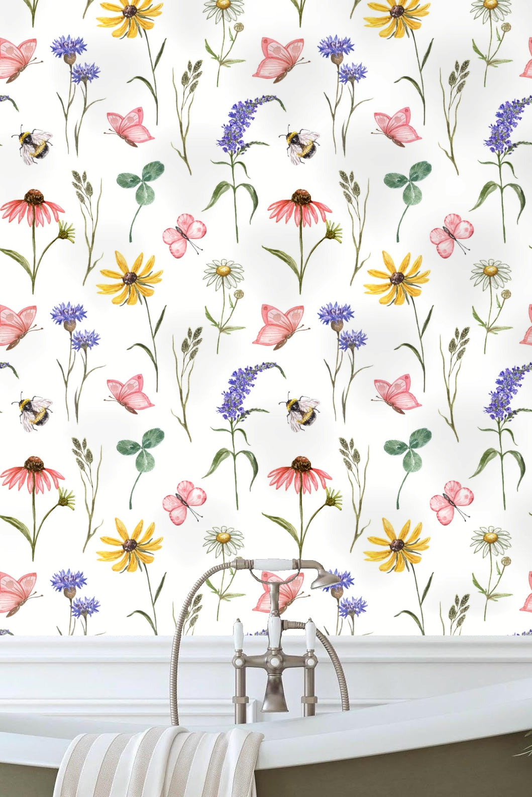 Pink butterflies fluttering among blue cornflowers and green leaves in wallpaper pattern.