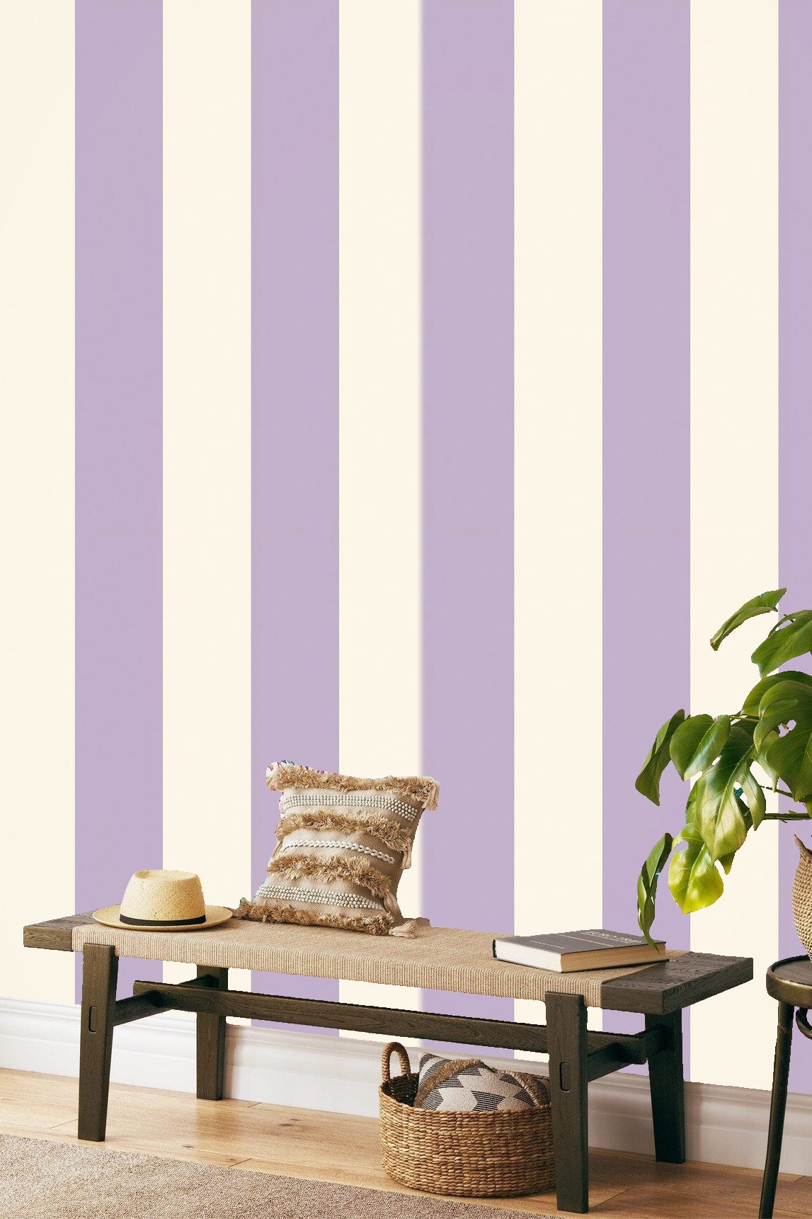 Texture view of matte finish lavender and ivory striped wallpaper