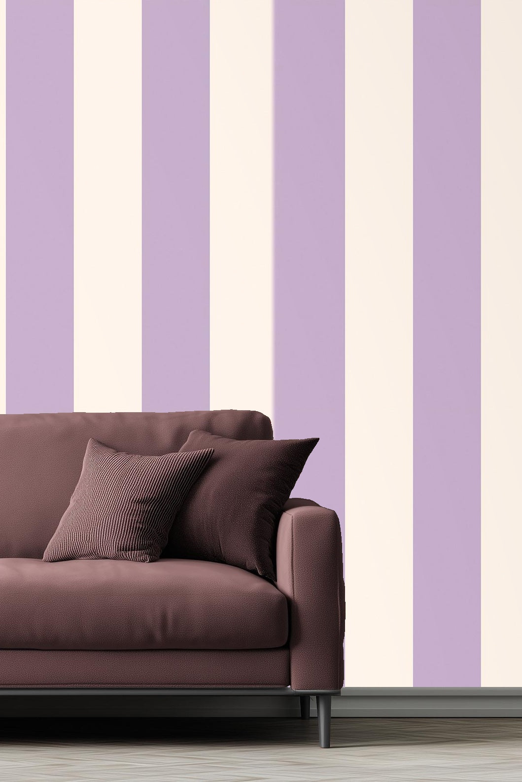 Close-up of lavender and ivory vertical stripes wallpaper