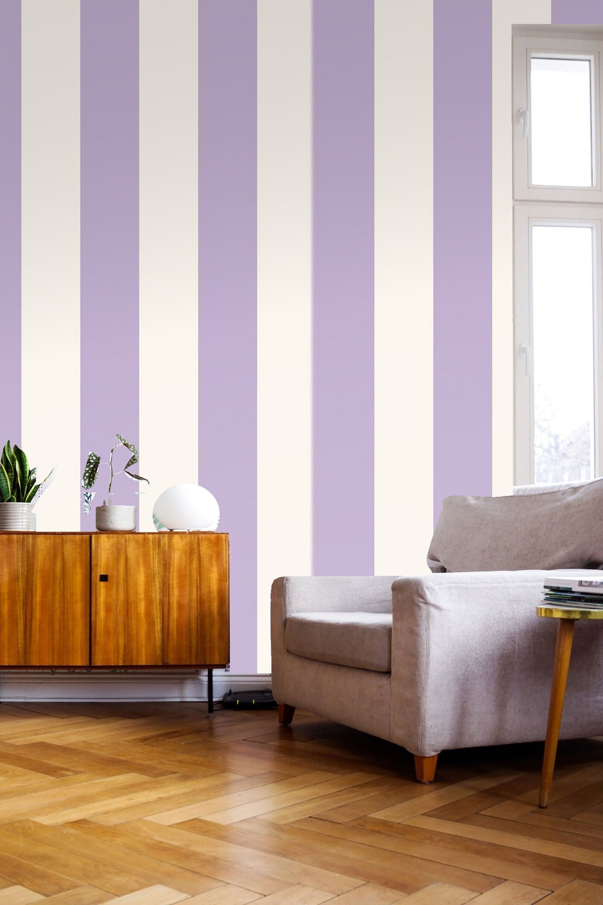Sample swatch of lavender ivory vertical stripe wallpaper