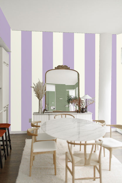Pattern repeat of wide vertical lavender and ivory stripes