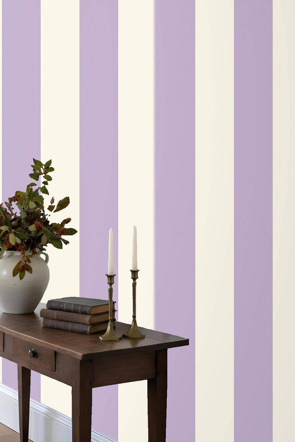 Interior shot highlighting striped wallpaper's scale and flow
