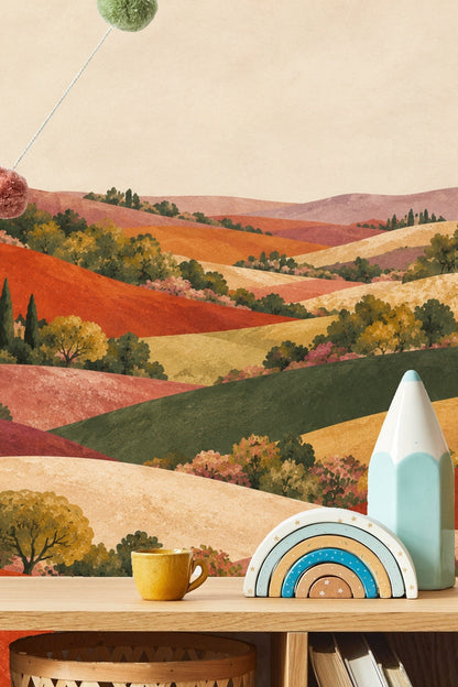 Artistic interpretation of Mediterranean countryside with painterly brush strokes and natural shapes.