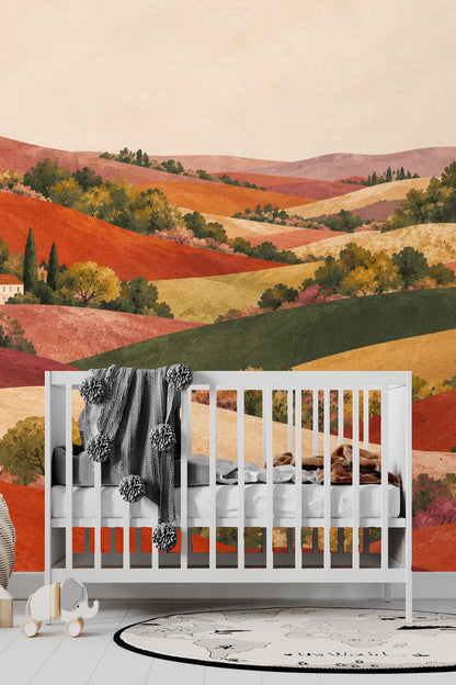 Close-up of clustered trees and small rustic villa in the wallpaper's landscape design.