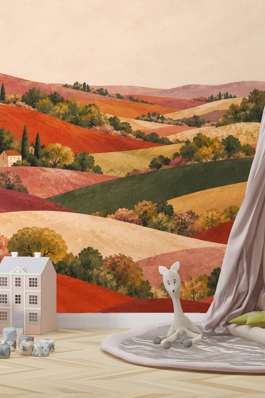 Wide view of wallpaper showing the gradation of hills from foreground to distant purple ranges.