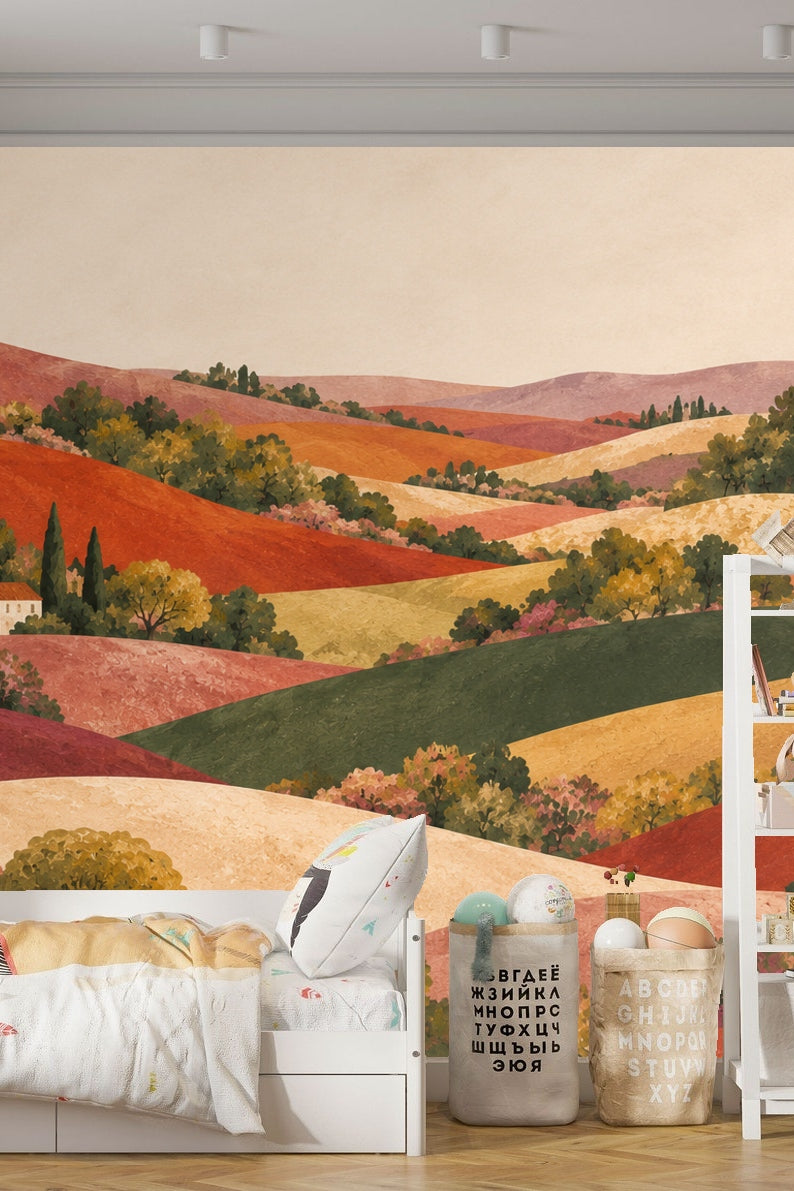 Soft muted pink and orange hills with greenery and cypress trees in a scenic mural style.