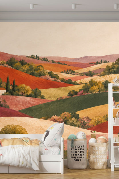 Soft muted pink and orange hills with greenery and cypress trees in a scenic mural style.