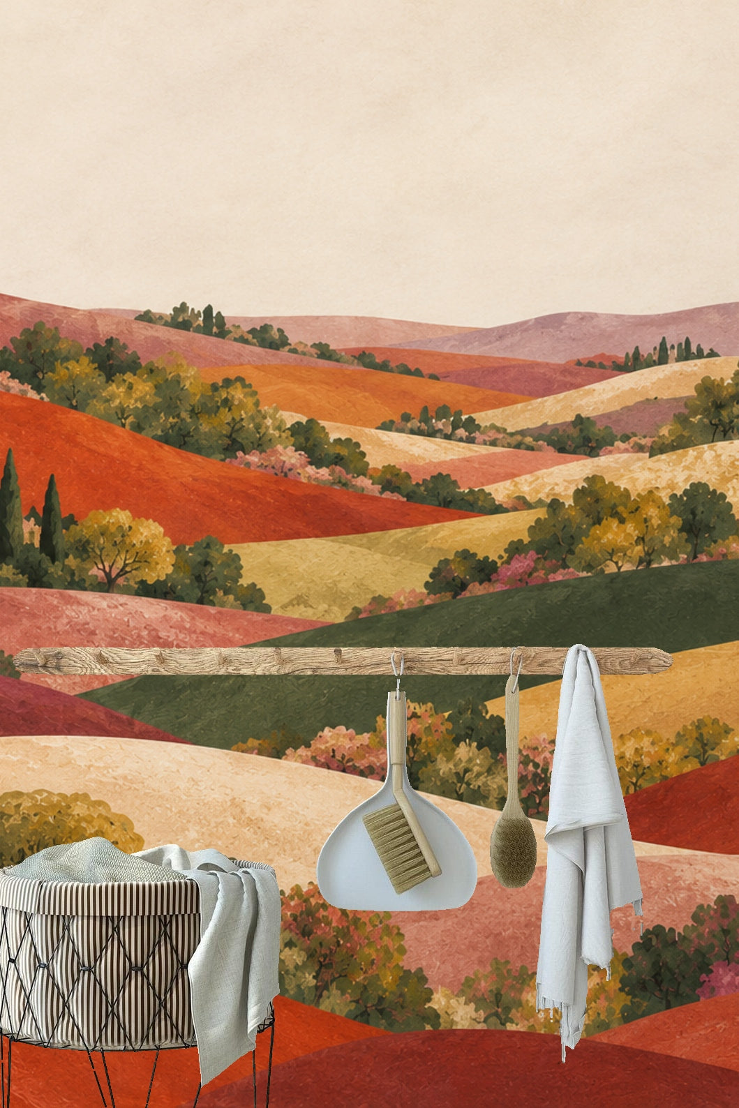 Modern kitchen counter juxtaposed with natural textured hills wallpaper backdrop.