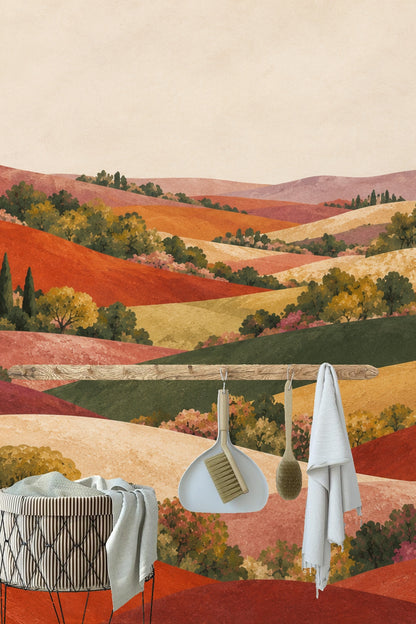 Modern kitchen counter juxtaposed with natural textured hills wallpaper backdrop.