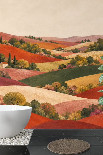 Room view of kids play corner featuring the wallpaper with rolling hills and rustic houses in warm earth tones.