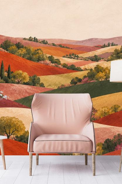 Subtle textural details and soft shadowing on the painted hillscape wallpaper design.