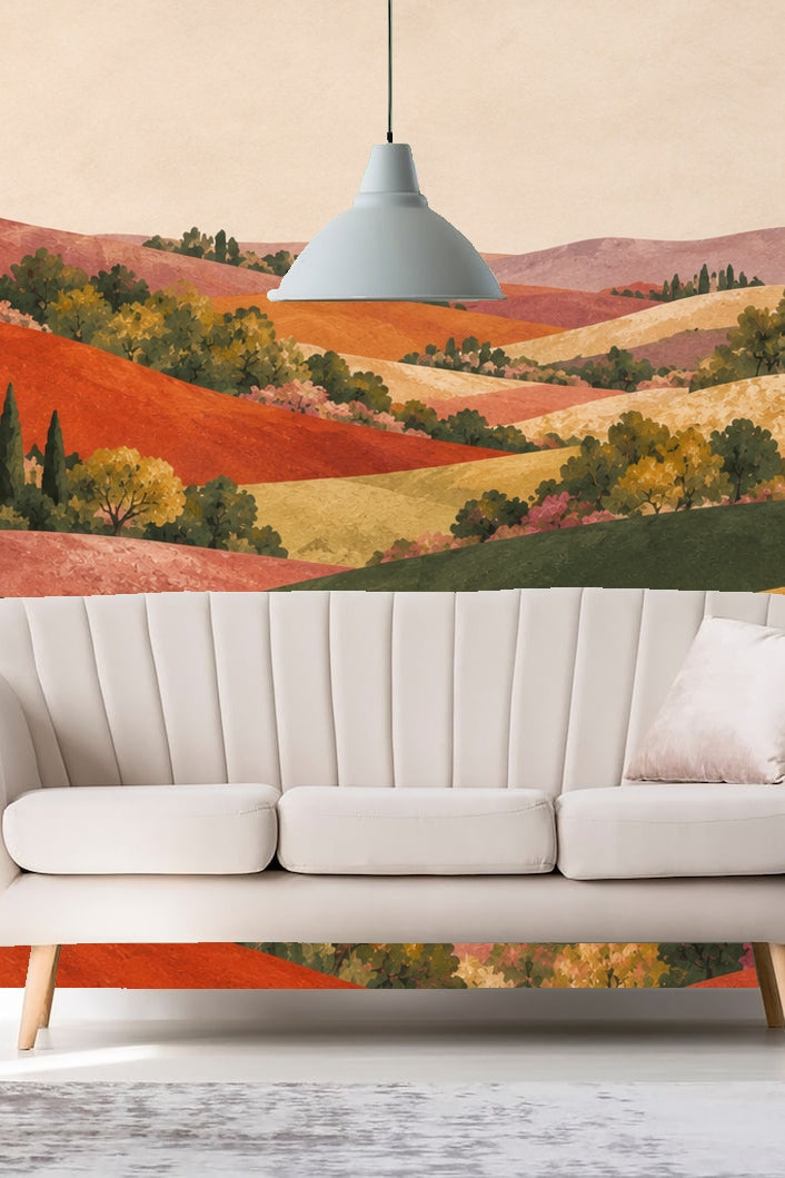 Kitchen setting with white island base and warm terracotta and olive hills wallpaper extending behind, adding depth to the space.