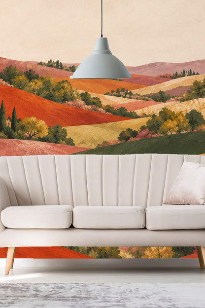Kitchen setting with white island base and warm terracotta and olive hills wallpaper extending behind, adding depth to the space.