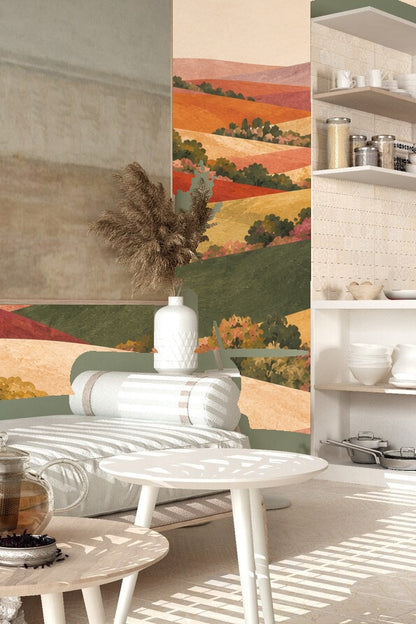 Gameplay area with wicker basket and plush toy against the warm tone hilly wallpaper.