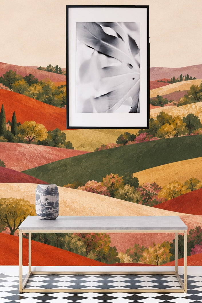 Original artwork showing layered hills in terracotta, ochre, olive, and muted purples with detailed trees and villas.