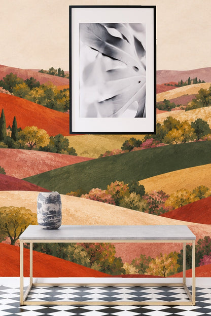 Original artwork showing layered hills in terracotta, ochre, olive, and muted purples with detailed trees and villas.
