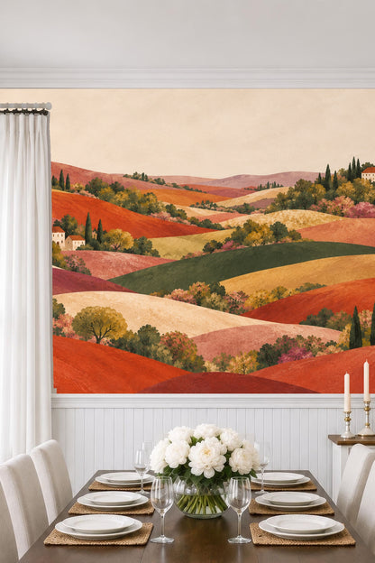Zoom on olive green hill contrasting with orange and beige rolling landscape.