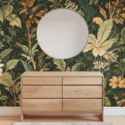 Vanity wall view of Codex Grove wallpaper that highlights the seamless repeat and textural painterly strokes.