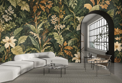 Close-up of Codex Grove wallpaper showing dense painterly foliage and cream flowers on a deep forest-green ground.