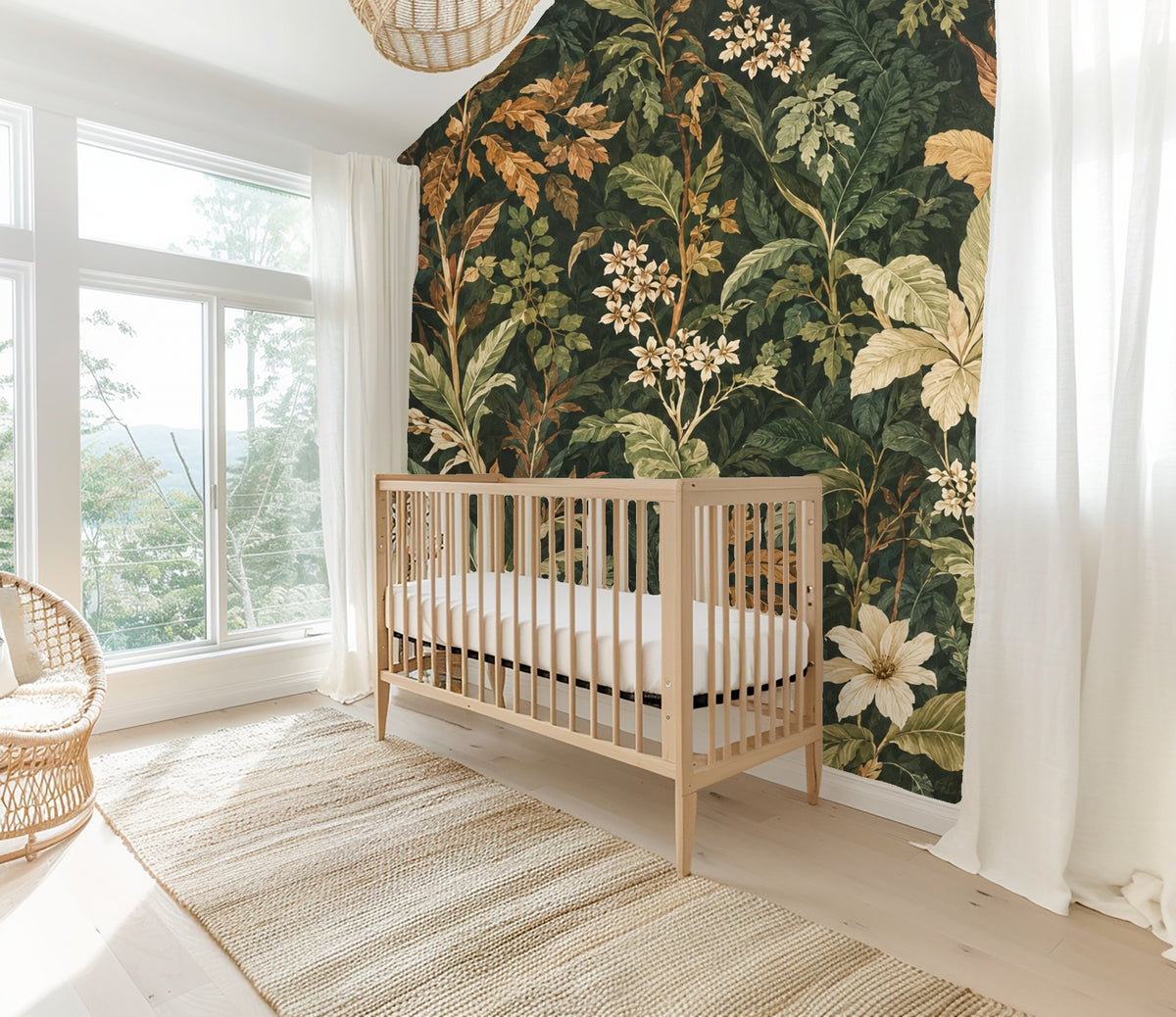 Entryway vignette with console and framed art against Codex Grove wallpaper illustrating the pattern at human scale.