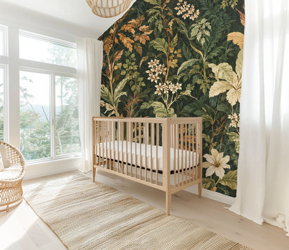 Entryway vignette with console and framed art against Codex Grove wallpaper illustrating the pattern at human scale.