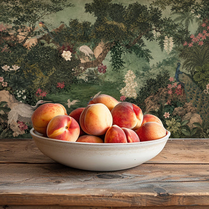 Vertical wall section with a ladder leaning against the mural, revealing peonies, trailing vines and the edge of the peacock's tail.