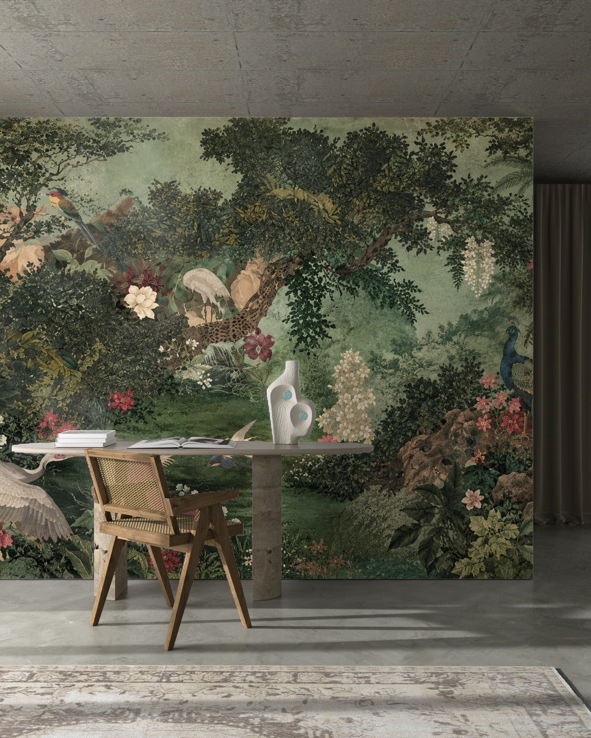 Close crop of the mural showing a heron in motion above water lilies and dense undergrowth with antiqued texture.