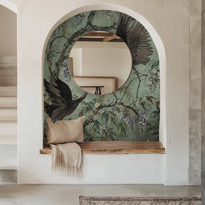Interior entry with woven bench showing the mural used as a full-height statement wall behind seating.