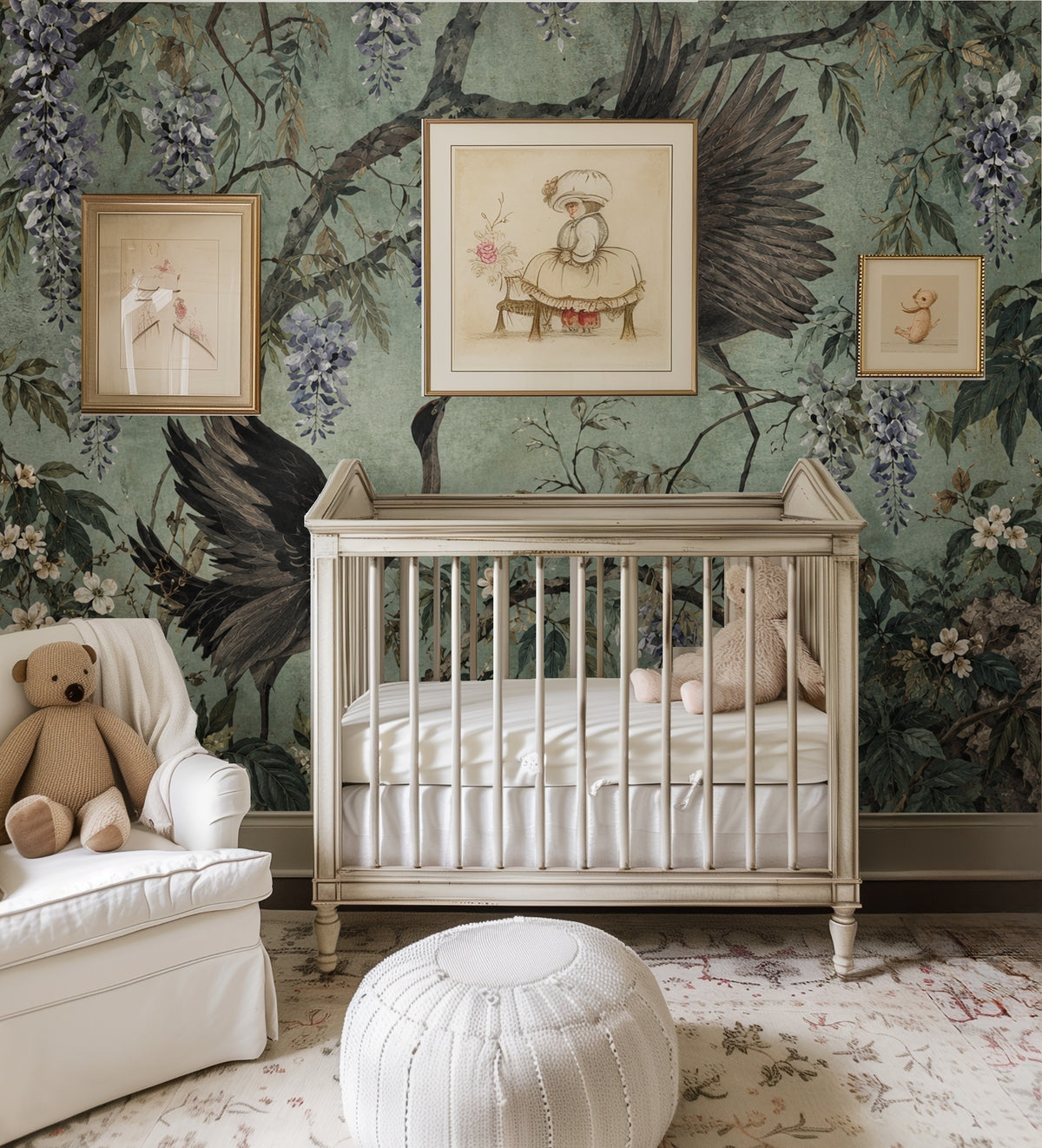 Close crop over a bed showing the airborne crane, layered leaves and dusty lavender wisteria clusters.